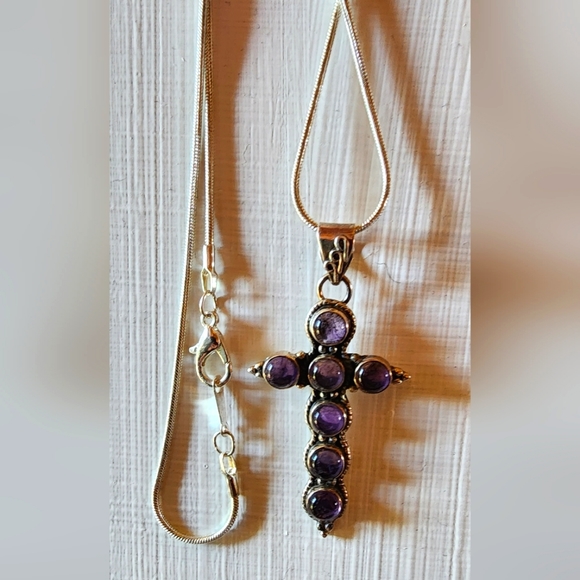 GENUINE AMETHYST 925 STERLING SILVER Vintage Cross Pendant with S.S. Snake Chain - Picture 6 of 8